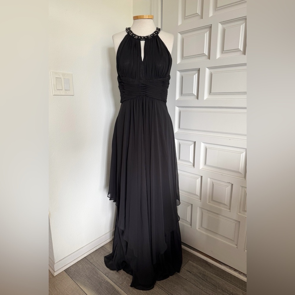 Eliza J Black Formal Maxi Dress Gown Beaded Halter Flowy Size 10